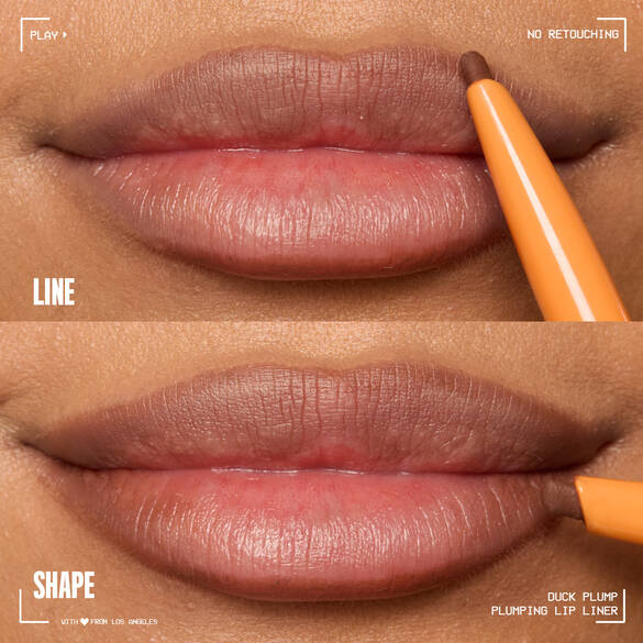 two closeup images of lips showing lining and shaping lips with Duck Plump Plumping Lip Liner
