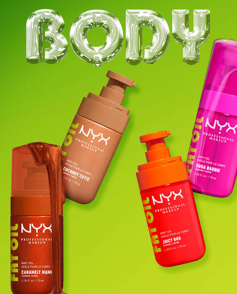 All four NYX Professional Makeup Body Oil packshots shown of Suga Baddie, Coconut Cutie, Juicy Boo, and Caramelt Mami.