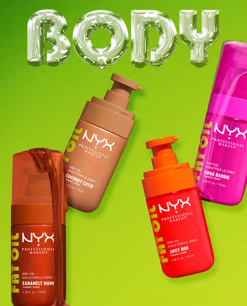 All four NYX Professional Makeup Body Oil packshots shown of Suga Baddie, Coconut Cutie, Juicy Boo, and Caramelt Mami.