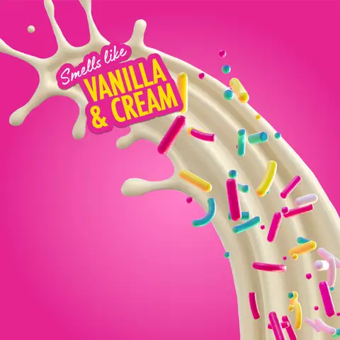 Splash of cream-colored liquid with colorful sprinkles and "Smells like Vanilla & Cream" text on a pink background, representing NYX Professional Makeup Suga Baddie fragrance.