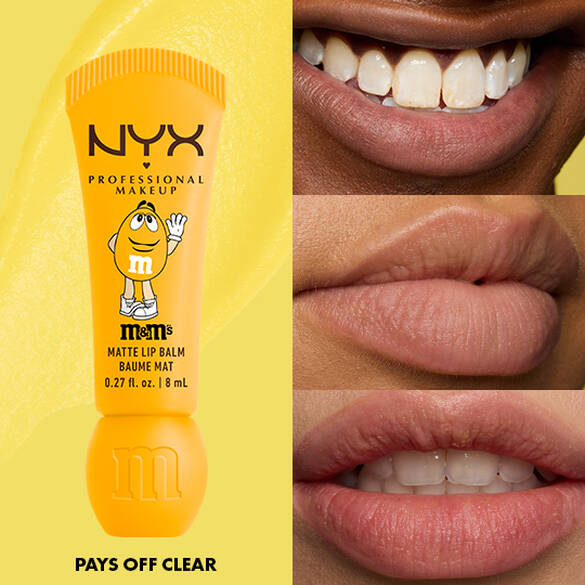 NYX Professional Makeup M&M’S Smushy Surprize Matte Lip Balm in Yellow, shown with clear finish on lips of various skin tones.
