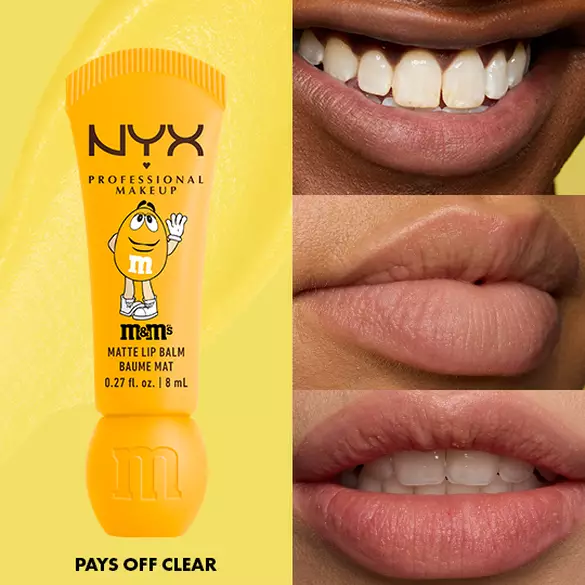 NYX Professional Makeup M&M’S Smushy Surprize Matte Lip Balm in Yellow, shown with clear finish on lips of various skin tones.
