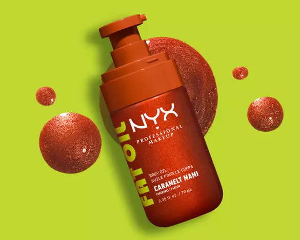 NYX Professional Makeup Fat Oil Body Oil in Caramelt Mami with textured oil behind the packshot.