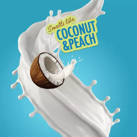 Splash of white liquid with a halved coconut and "Smells like Coconut & Peach" text on a blue background, representing NYX Coconut Cutie fragrance.