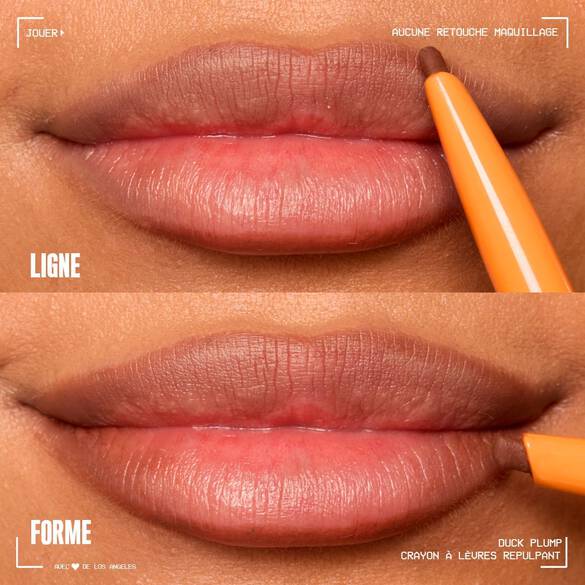 two closeup images of lips showing lining and shaping lips with Duck Plump Plumping Lip Liner