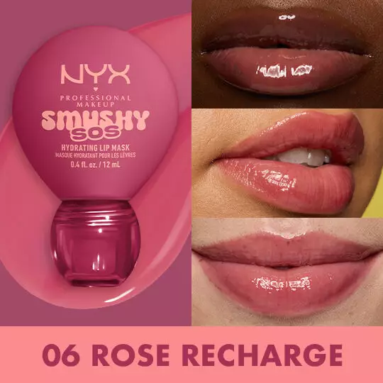 Lip macros in three different skin tones of models wearing NYX Professional Makeup Smushy SOS Hydrating Lip Mask in shade 06 Rose Recharge