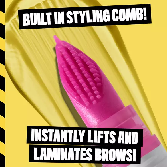Closeup of The Brow Glue Crazy Lift built in styling comb with text 'Instantly Lifts and Laminates Brows!'