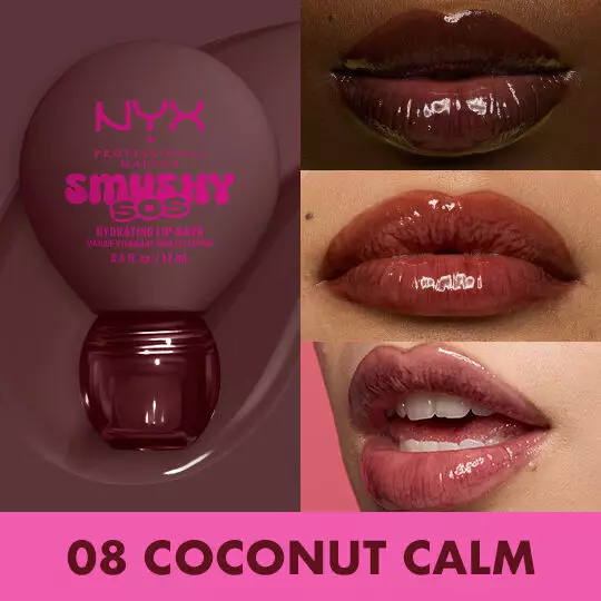 Lip macros in three different skin tones of models wearing NYX Professional Makeup Smushy SOS Hydrating Lip Mask in shade 08 Coconut Calm