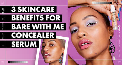A rectangular image of a model holding the Bare With Me Concealer Serum by NYX Cosmetics over her head. The left side of the image contains the text "3 Skincare benefits for Bare With Me Concealer Serum"