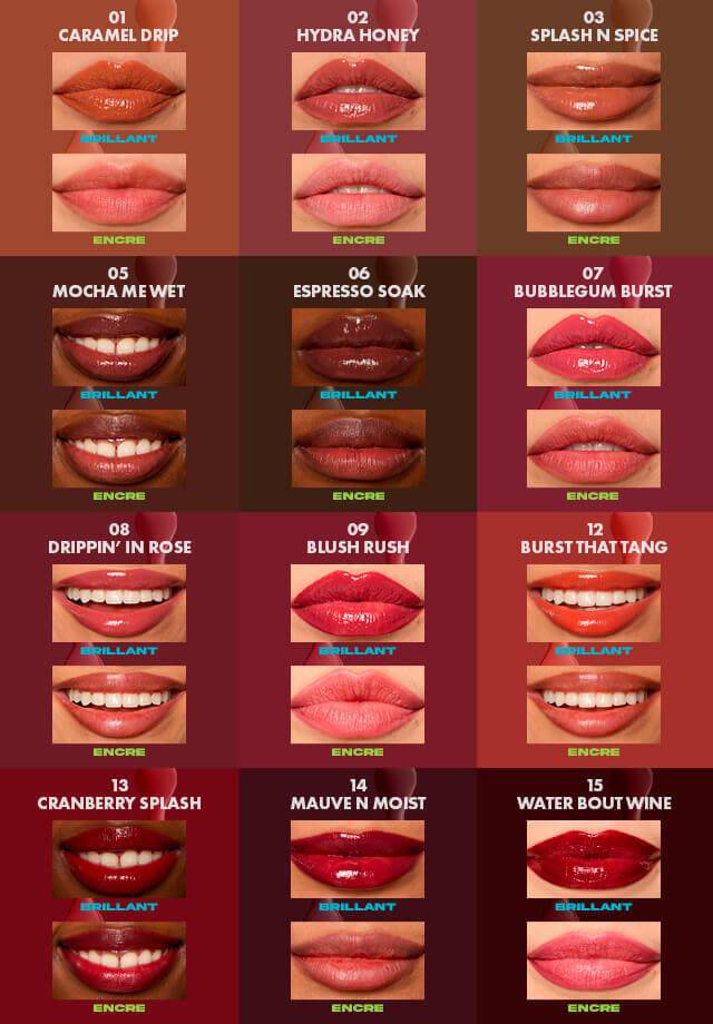 lips showcasing use of all 12 shades of Lip I.V. Hydrating Lip Stain for both shine and stain