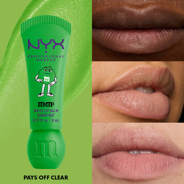 NYX Professional Makeup M&M’S Smushy Surprize Matte Lip Balm in Green, shown with clear finish on lips of various skin tones.