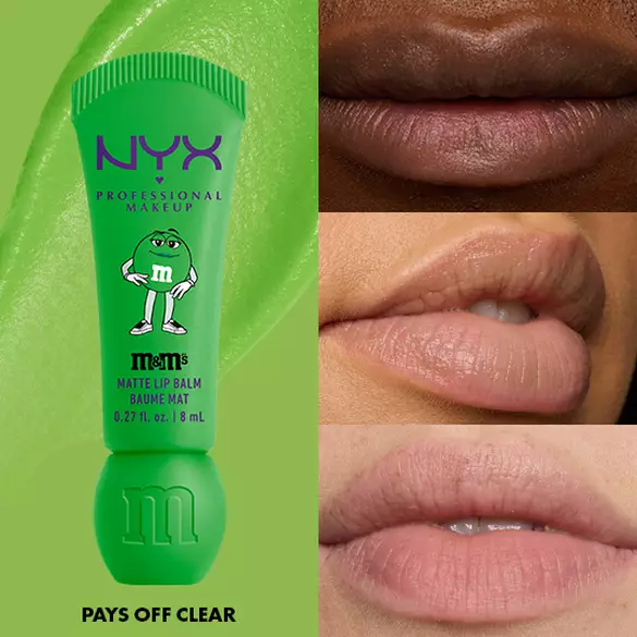 NYX Professional Makeup M&M’S Smushy Surprize Matte Lip Balm in Green, shown with clear finish on lips of various skin tones.