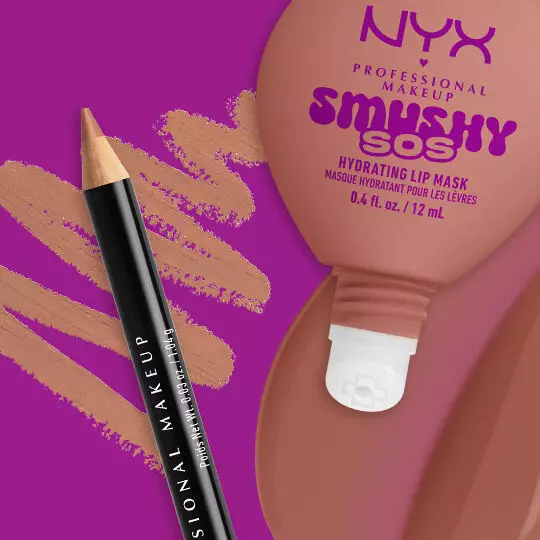 NYX Professional Makeup Smushy SOS Hydrating Lip Mask tube in shade Shea So Smooth with NYX Professional Makeup Slim Lip Pencil in shade Natural