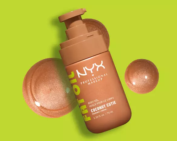 NYX Professional Makeup Fat Oil Body Oil in Coconut Cutie with textured oil behind the packshot.