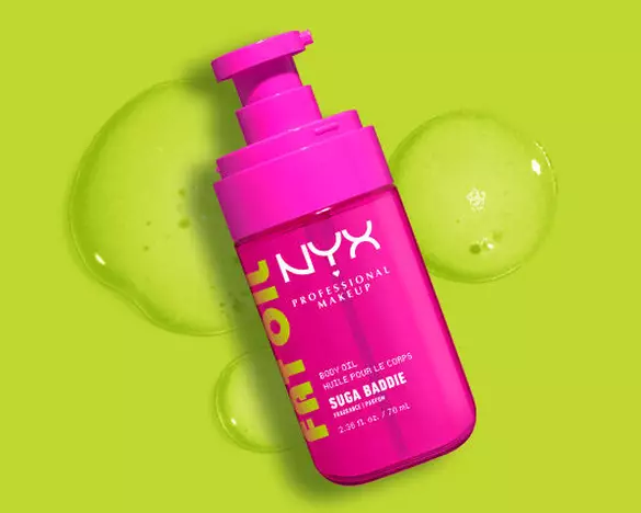 NYX Professional Makeup Fat Oil Body Oil in Suga Baddie with a textured oil behind the packshot.
