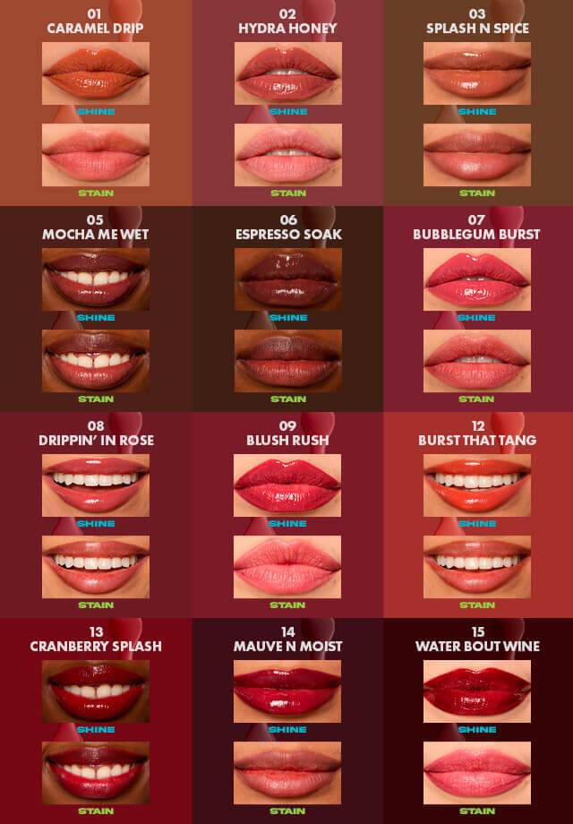 lips showcasing use of all 12 shades of Lip I.V. Hydrating Lip Stain for both shine and stain