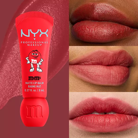 NYX Professional Makeup M&M’S Smushy Surprize Matte Lip Balm in Red, shown with vibrant red matte finish on lips of various skin tones.