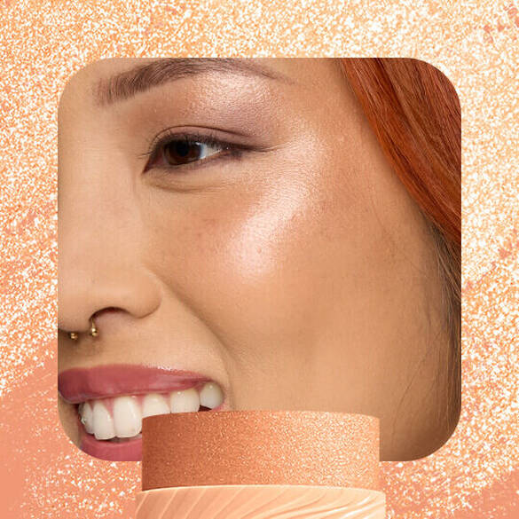 Model with champagne highlight wearing NYX Buttermelt Stix in 08 LET ME MELT shimmer