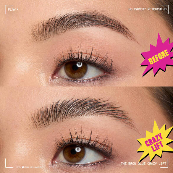 Before and after text overlays on close-up images of models eyebrows before and after The Brow Glue Crazy Lift