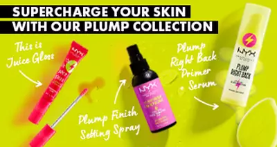 3 different products from the Plump collection on a lemon yellow background. This Is Juice Gloss, Plump Finish Setting Spray, and Plump Right Primer + Serum.