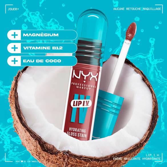 Lip I.V. Hydrating Gloss Stain inside a coconut with text including ingredients of magnesium, vitamin B12, and coconut water.