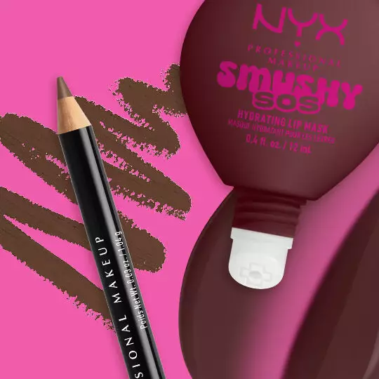 NYX Professional Makeup Smushy SOS Hydrating Lip Mask tube in shade Coconut Calm with NYX Professional Makeup Slim Lip Pencil in shade Espresso