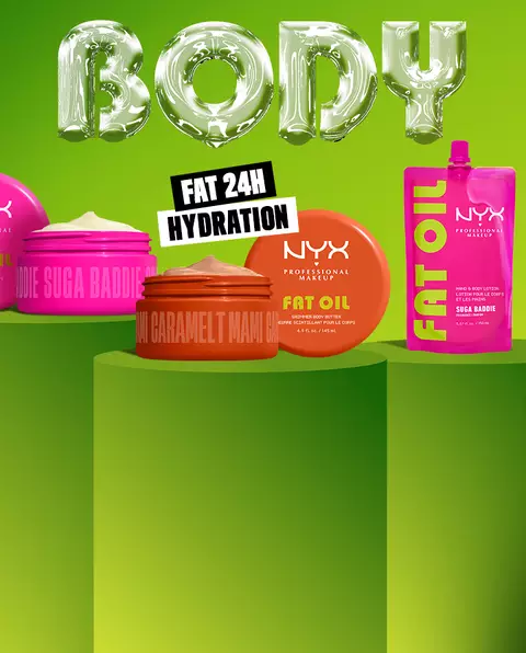 NYX Professional Makeup body butter and lotion products displayed on green background with bold "BODY" text, featuring bright pink and orange packaging and a "Fat 24h Hydration" label.