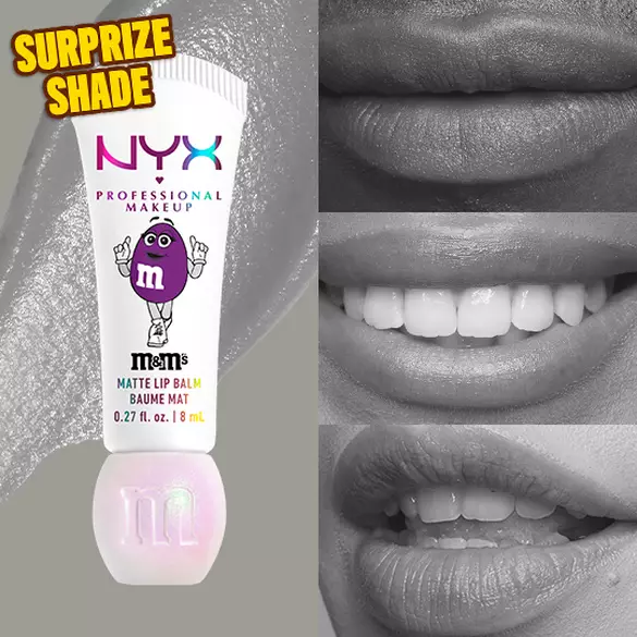 NYX Professional Makeup M&M’S Smushy Surprize Matte Lip Balm in Surprise shade, shown with black and white effect on lips of various skin tones.