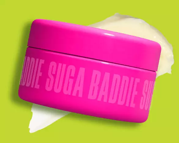 NYX Professional Makeup Fat Oil Body Butter in Suga Baddie with a textured swatch behind the packshot.