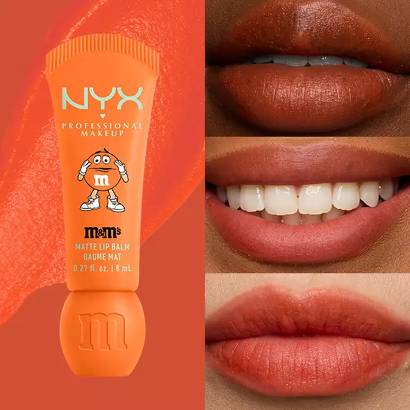 NYX Professional Makeup M&M’S Smushy Surprize Matte Lip Balm in Orange, shown with orange matte finish on lips of various skin tones.