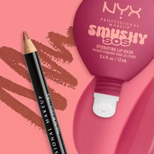 NYX Professional Makeup Smushy SOS Hydrating Lip Mask tube in shade Rose Recharge with NYX Professional Makeup Slim Lip Pencil in shade Ever