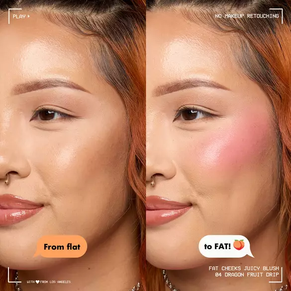 Before and after of model before applying liquid blush vs after with Fat Cheeks Juicy Blush in shade Dragon Fruit Drip