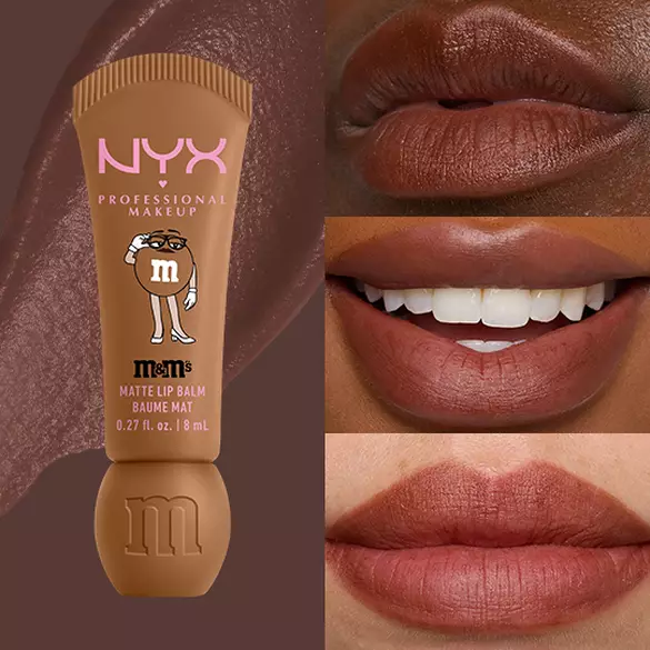 NYX Professional Makeup M&M’S Smushy Surprize Matte Lip Balm in Brown, shown with brown matte finish on lips of various skin tones.