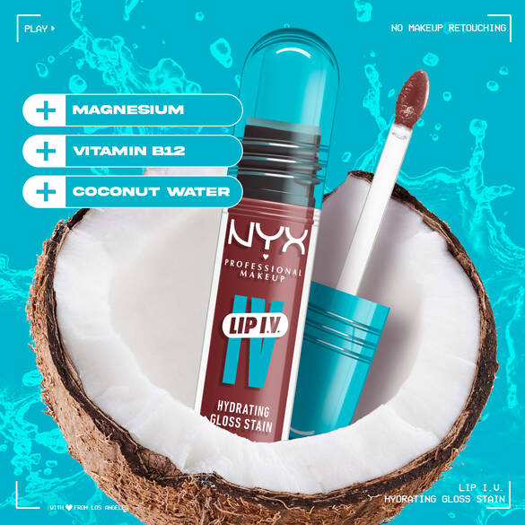 Lip I.V. Hydrating Gloss Stain inside a coconut with text including ingredients of magnesium, vitamin B12, and coconut water.