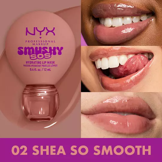 Lip macros in three different skin tones of models wearing NYX Professional Makeup Smushy SOS Hydrating Lip Mask in shade 02 Shea So Smooth