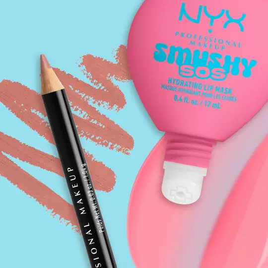 NYX Professional Makeup Smushy SOS Hydrating Lip Mask tube in shade Guava Glaze with NYX Professional Makeup Slim Lip Pencil in shade Nude Pink