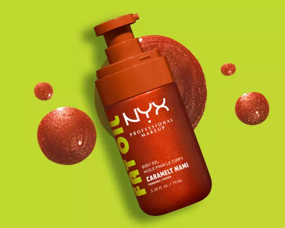 NYX Professional Makeup Fat Oil Body Oil in Caramelt Mami with textured oil behind the packshot.