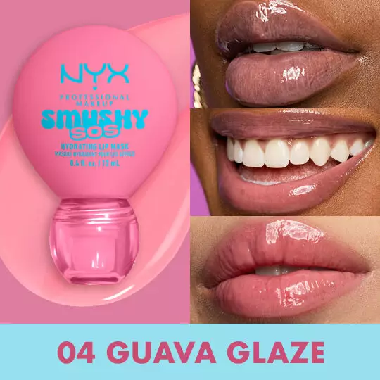Lip macros in three different skin tones of models wearing NYX Professional Makeup Smushy SOS Hydrating Lip Mask in shade 04 Guava Glaze