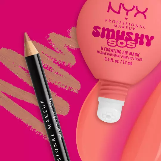 NYX Professional Makeup Smushy SOS Hydrating Lip Mask tube in shade Peachy Pamper with NYX Professional Makeup Slim Lip Pencil in shade Peekaboo Neutral