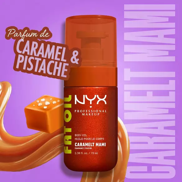 NYX Professional Makeup Fat Oil Body Oil in Caramelt Mami scent, bright golden bronzed bottle, with caramel, labeled as smelling like caramel and pistachio, on a purple background.
