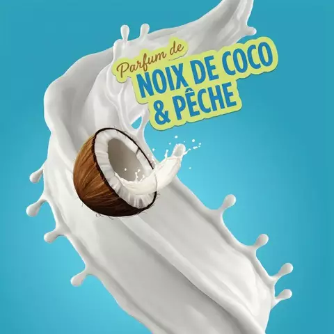 Splash of white liquid with a halved coconut and "Smells like Coconut & Peach" text on a blue background, representing NYX Coconut Cutie fragrance.