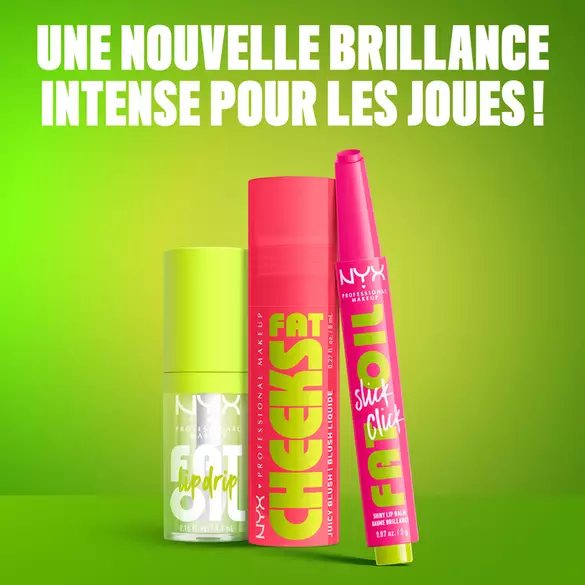 Fat Oil Lip Drip, Fat Cheeks Juicy Blush, and Fat Oil Slick Click on green background with text 'The Fatter, The Better'