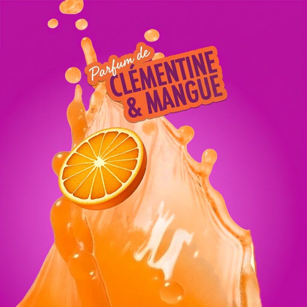 Splash of orange liquid with a clementine slice and "Smells like Clementine & Mango" text on a pink background, representing NYX Juicy Boo fragrance.