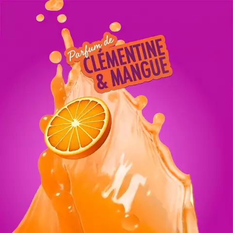 Splash of orange liquid with a clementine slice and "Smells like Clementine & Mango" text on a pink background, representing NYX Juicy Boo fragrance.