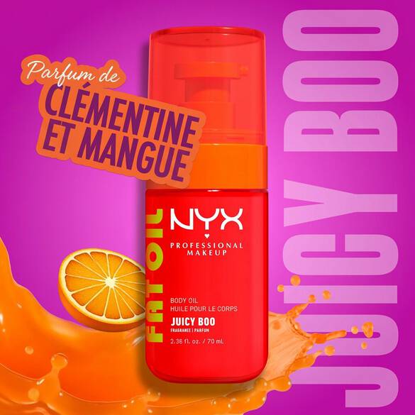 NYX Professional Makeup Fat Oil Body Oil in Juicy Boo scent, bright orange bottle, with clementine slice and mango splash, labeled as smelling like clementine and mango, on a purple background.
