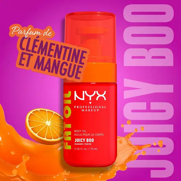 NYX Professional Makeup Fat Oil Body Oil in Juicy Boo scent, bright orange bottle, with clementine slice and mango splash, labeled as smelling like clementine and mango, on a purple background.