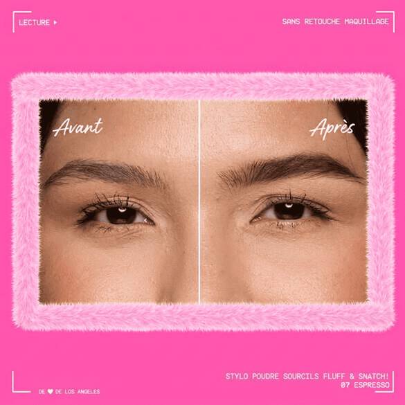 Before and after close-up of a model in NYX Professional Makeup Fluff & Snatch! Brow Power Pen in 07 Espresso.