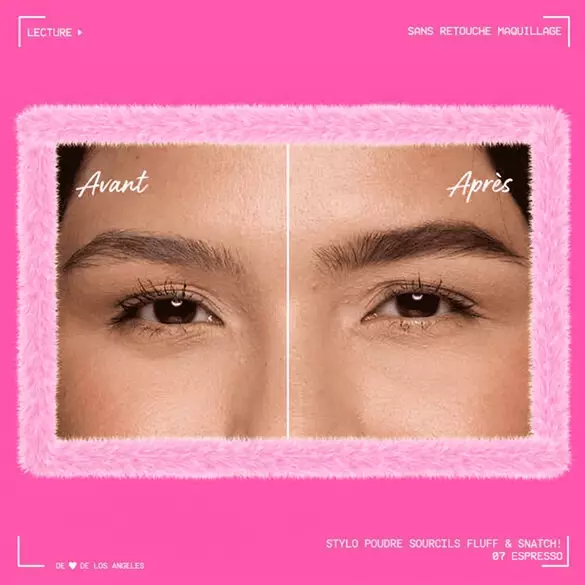 Before and after close-up of a model in NYX Professional Makeup Fluff & Snatch! Brow Power Pen in 07 Espresso.