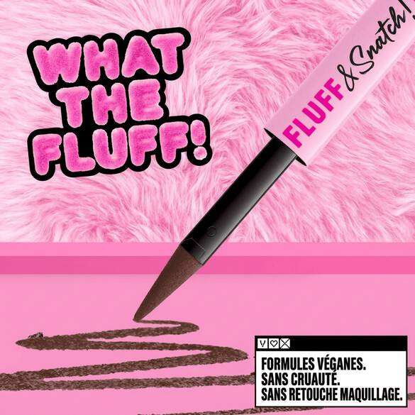 NYX Professional Makeup Fluff & Snatch brow pencil shown with a brown line drawn on a pink background, fluffy pink texture, and text highlighting vegan, cruelty-free, and no makeup retouching.