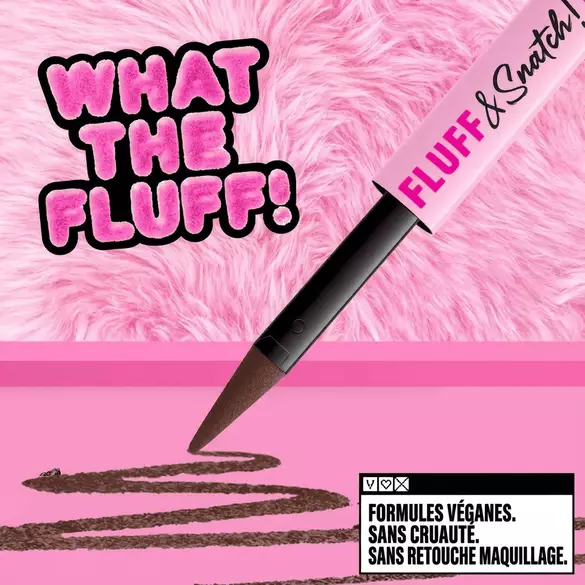 NYX Professional Makeup Fluff & Snatch brow pencil shown with a brown line drawn on a pink background, fluffy pink texture, and text highlighting vegan, cruelty-free, and no makeup retouching.